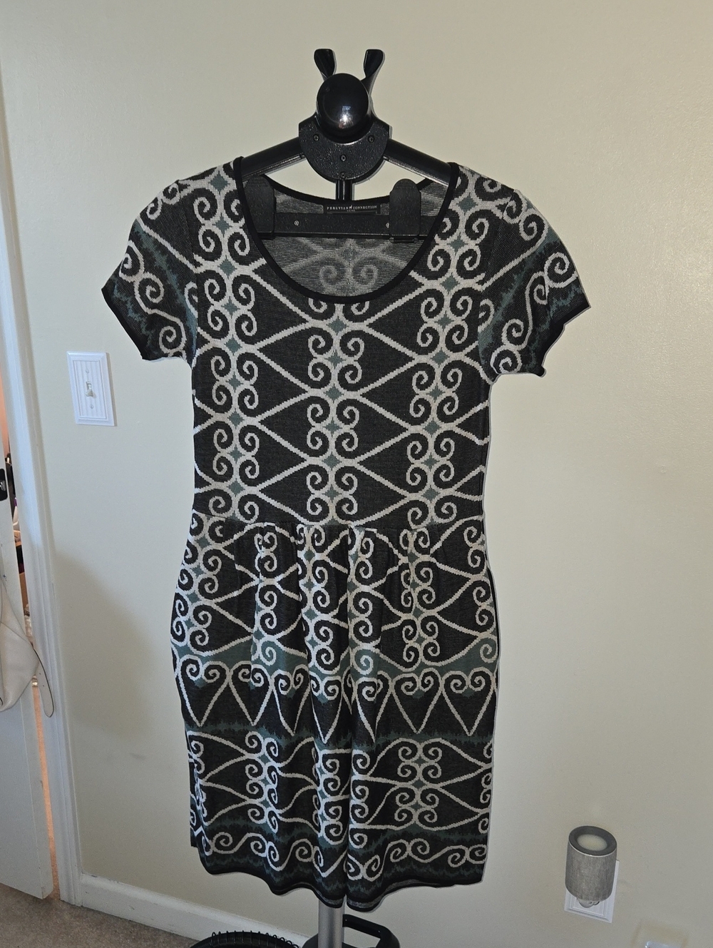 Peruvian Connection Black, White, And Teal Short Sleeve Knit Dress